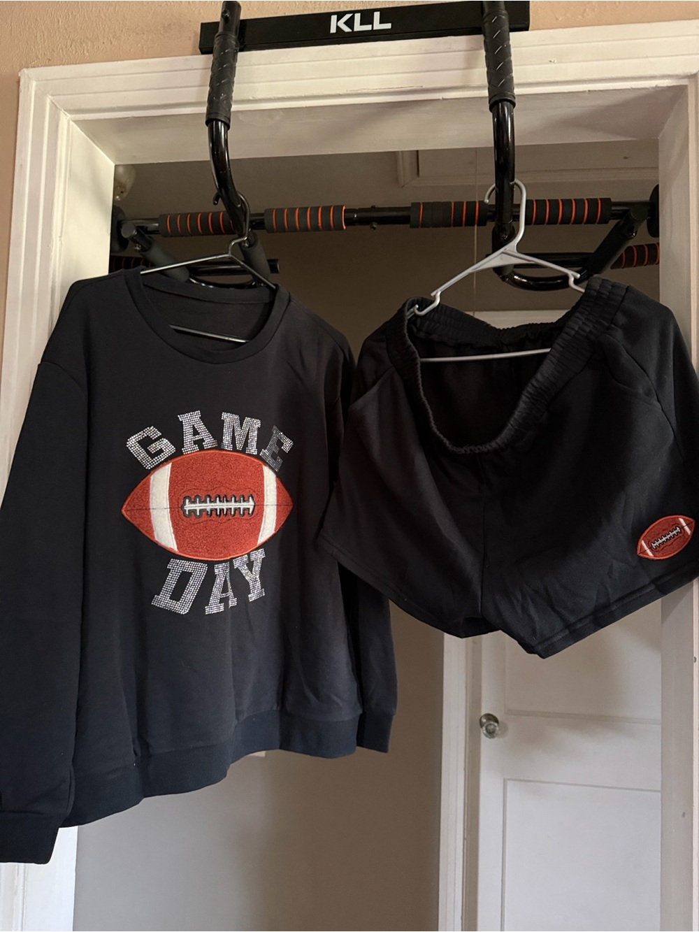 Game Day Black Sweatshirt & Shorts Set with Football Graphic